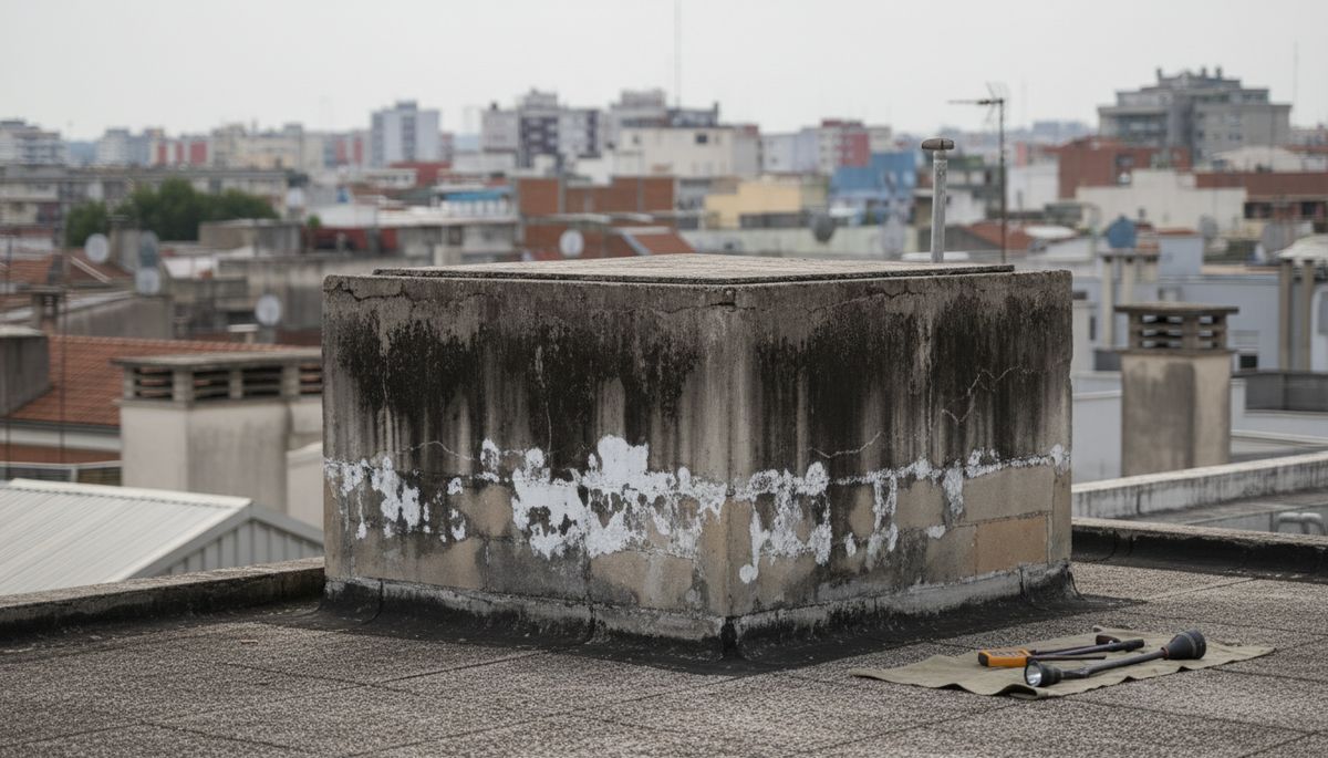 Caixa d'água de concreto em laje de cobertura com sinais de umidade na parede externa, sendo inspecionada