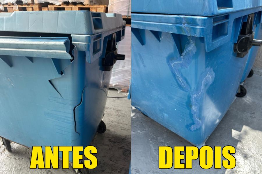 Comparação antes e depois de reparo por solda plástica em peça de polietileno